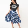 Vintage Style Navy & White Cat Print Swing Skirt