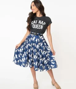 Vintage Style Navy & White Cat Print Swing Skirt