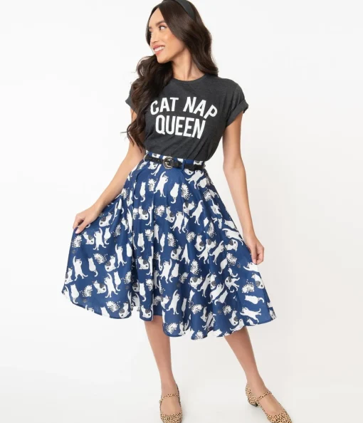 Vintage Style Navy & White Cat Print Swing Skirt