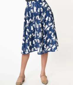 Vintage Style Navy & White Cat Print Swing Skirt