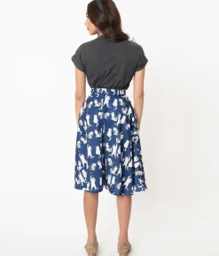 Vintage Style Navy & White Cat Print Swing Skirt