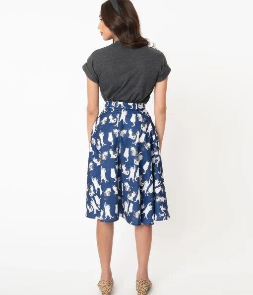 Vintage Style Navy & White Cat Print Swing Skirt