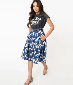 Vintage Style Navy & White Cat Print Swing Skirt