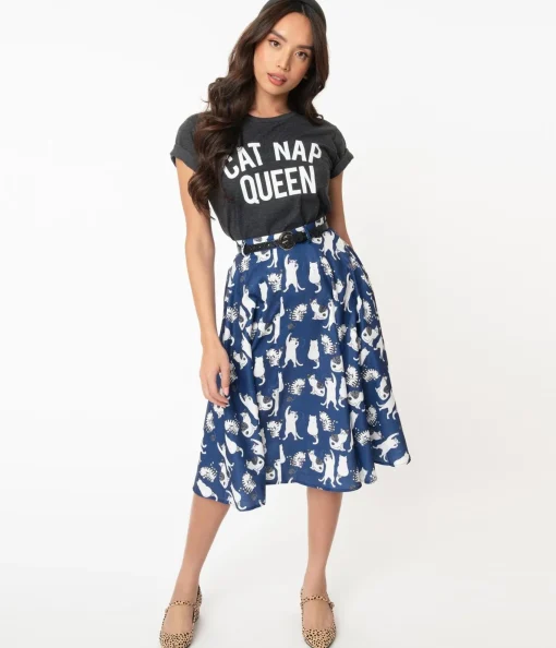Vintage Style Navy & White Cat Print Swing Skirt