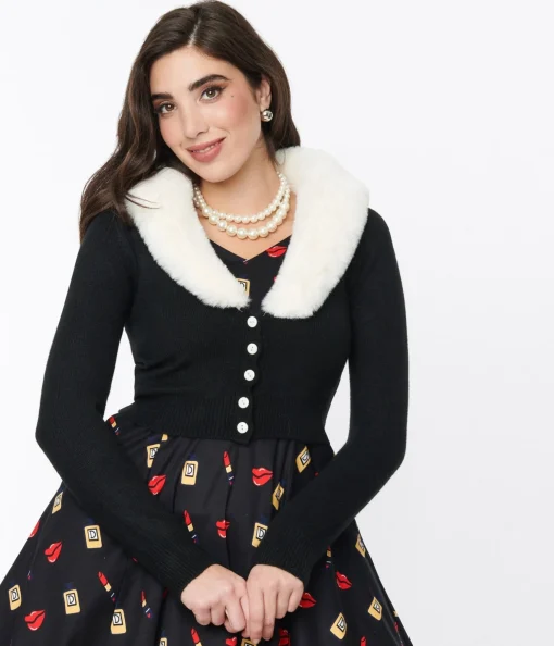 Voodoo Vixen Black Faux Fur Collar Cropped Cardigan