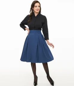 Voodoo Vixen 1950s Blue Pleated High Waist Flare Skirt