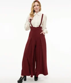 Voodoo Vixen 1950s Burgundy High Waist Suspender Pants