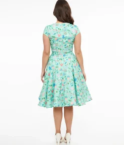 Voodoo Vixen 1950s Mint Green English Country Garden Print Fit & Flare Dress