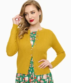 Voodoo Vixen 1950s Mustard Yellow Textured Cardigan