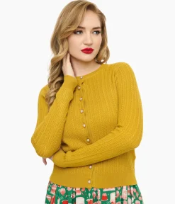 Voodoo Vixen 1950s Mustard Yellow Textured Cardigan