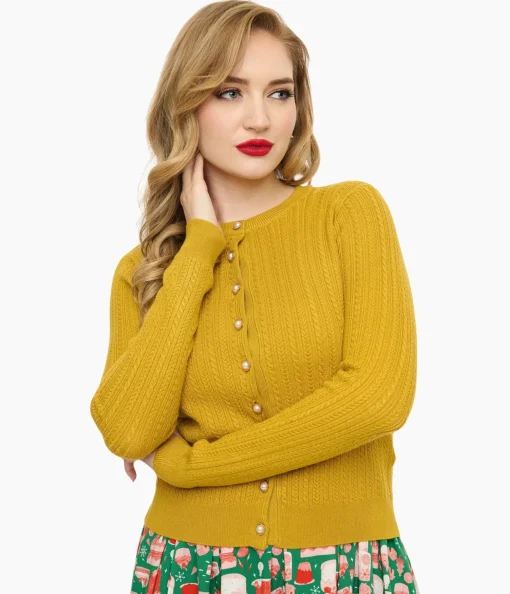 Voodoo Vixen 1950s Mustard Yellow Textured Cardigan