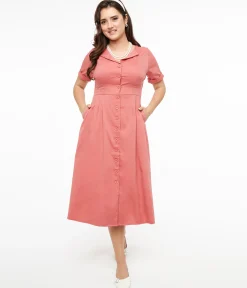Voodoo Vixen 1940s Pink Midi Shirt Dress