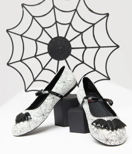 White & Black Bat Spiderweb Mary Jane Flats