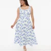 White & Blue Floral Cotton Midi Dress