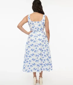 White & Blue Floral Cotton Midi Dress