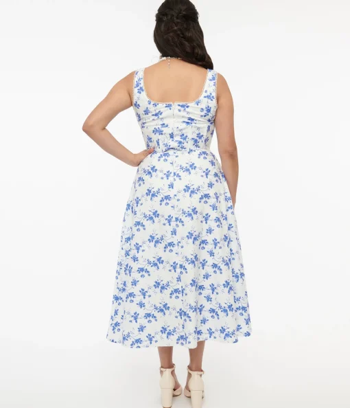 White & Blue Floral Cotton Midi Dress