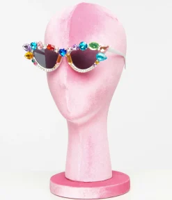 White & Rainbow Gemstone Cat Eye Sunglasses