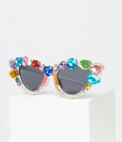 White & Rainbow Gemstone Cat Eye Sunglasses