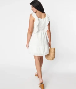 White Floral Embroidered Ruffled Shift Dress