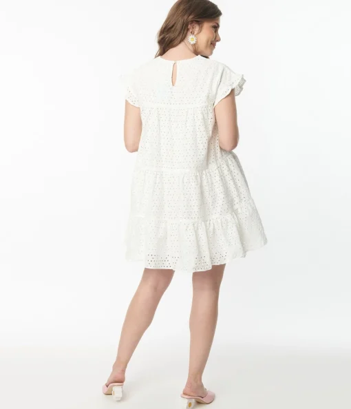 White Flutter Sleeve Eyelet Dress