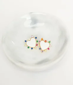 White Heart & Multicolor Stone Stud Earrings