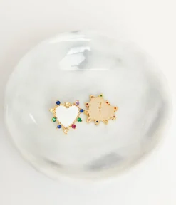 White Heart & Multicolor Stone Stud Earrings