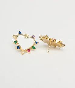 White Heart & Multicolor Stone Stud Earrings
