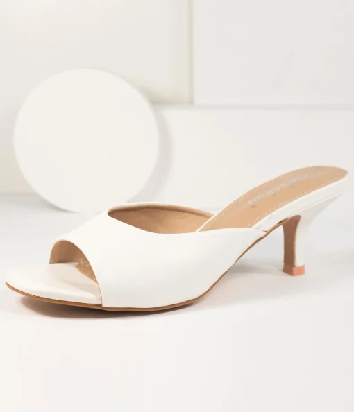 White Leatherette Peep Toe Kitten Heels