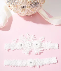 White Rhinestone Floral Garter Set