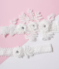 White Rhinestone Floral Garter Set