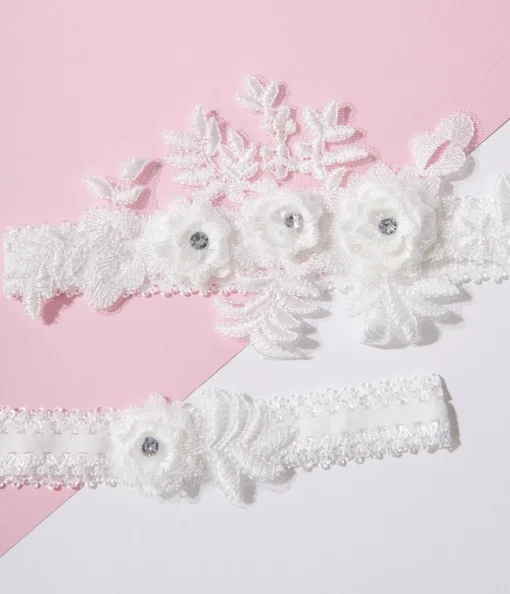 White Rhinestone Floral Garter Set