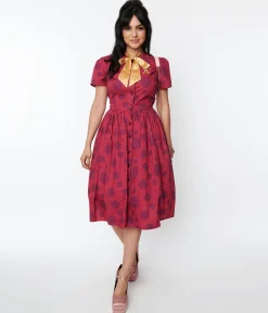 Willy Wonka x Unique Vintage Berry Swirls & Gold Bow Swing Dress