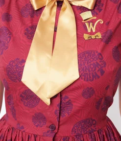 Willy Wonka x Unique Vintage Berry Swirls & Gold Bow Swing Dress