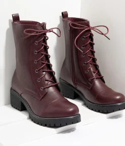 Wine Leatherette Lace Up Combat Boots