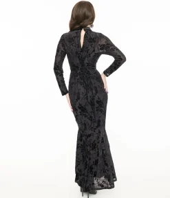 Witchwood Bags Black Sheer Velvet Flocked Floral Ophelia Maxi Mermaid Dress